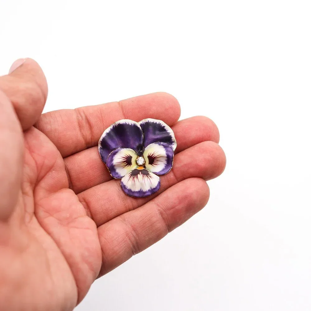 Crane & Theurer 1900 Art Nouveau Enameled Pansy Pendant 14Kt  Diamond - Picture 8 of 8